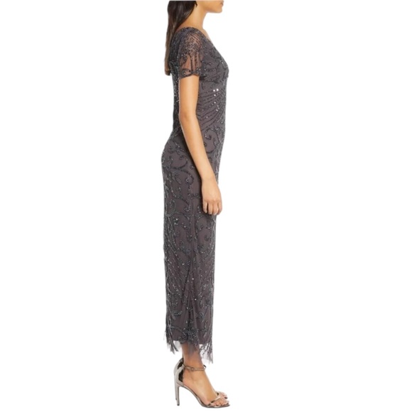 Pisarro Nights Beaded Column V Neck Gown in Slate SZ 14 VGUC - Picture 2 of 10